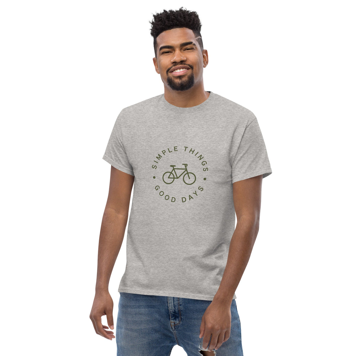 Bike Tee in sport grey on a male model, front view