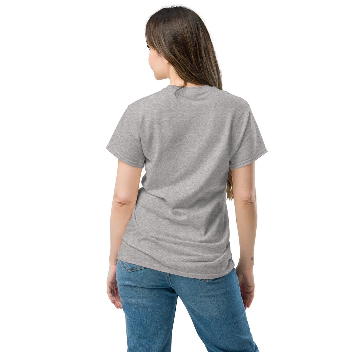 Bike Tee in sport grey on a female model, back view