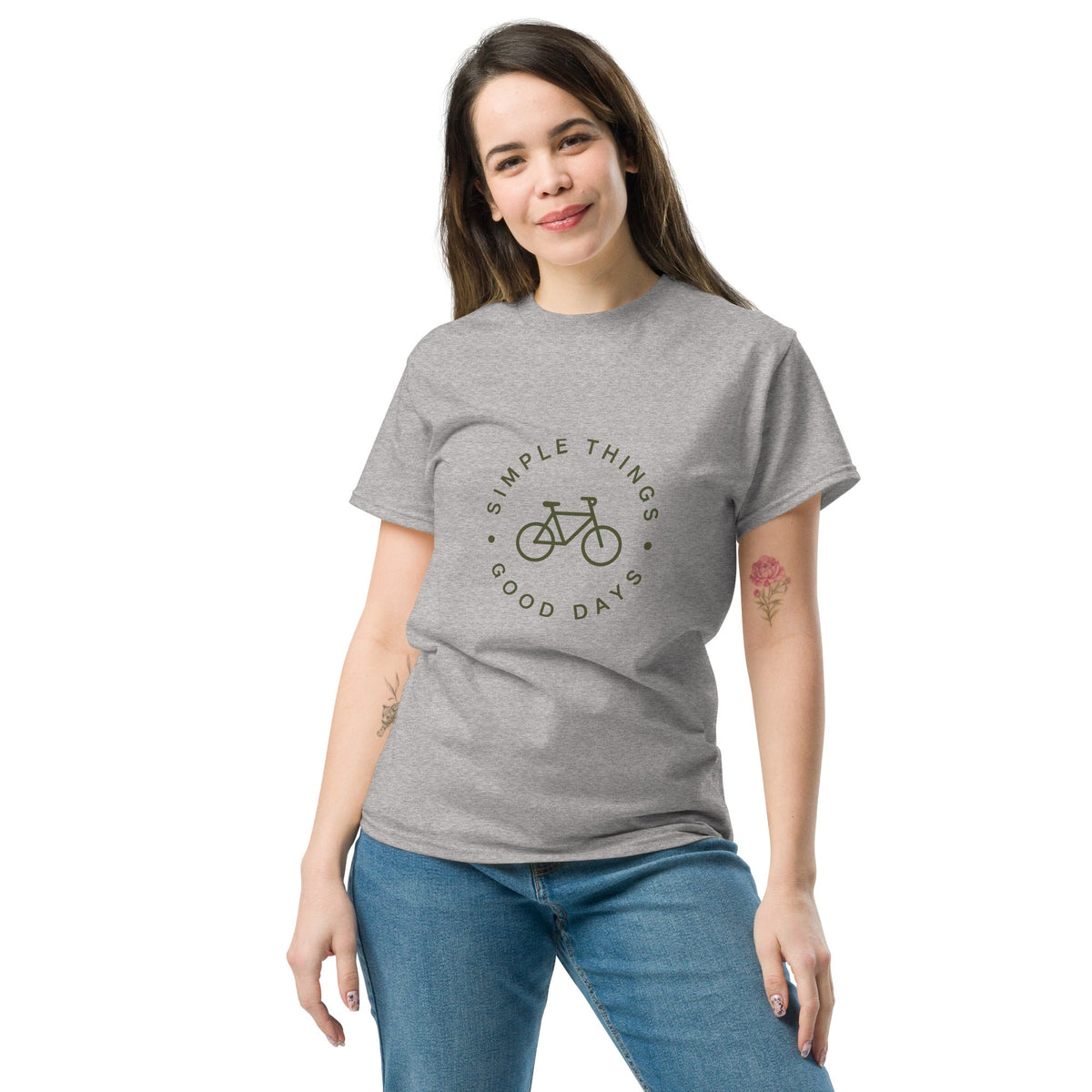 Bike Tee in sport grey on a female model, front view